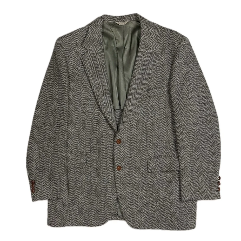 Vtg 70s British Wool Made in USA grey herringbone tweed blazer jacket men's‎ 42R